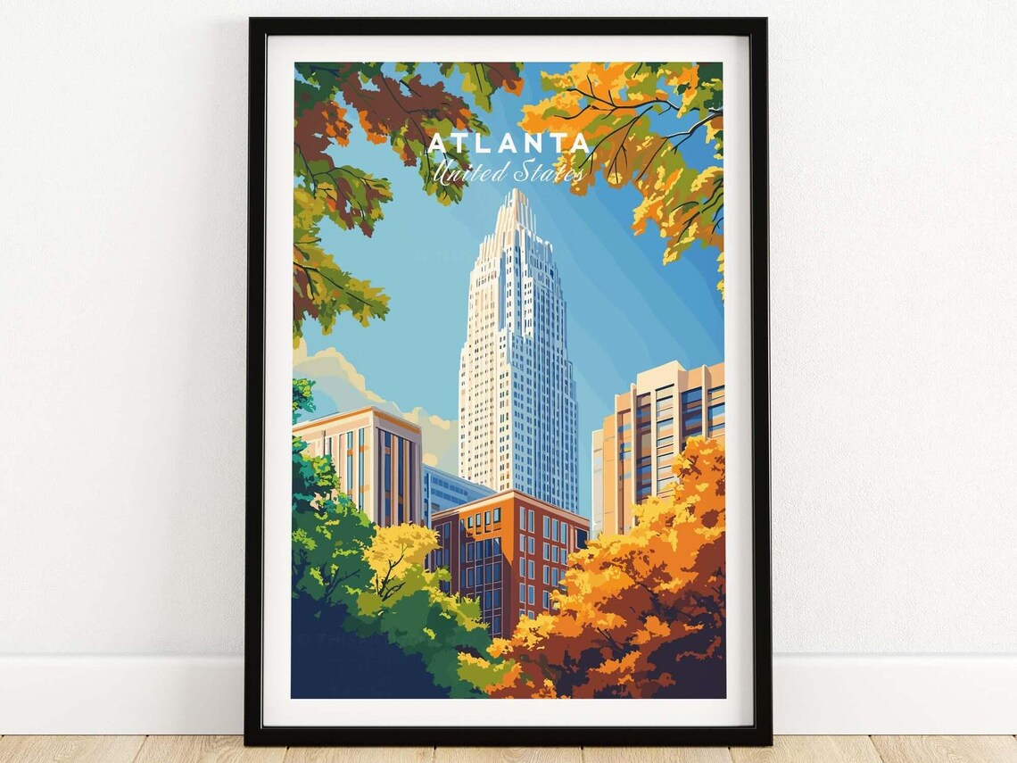 Atlanta United States Bank of America Plaza Autumn Foliage Travel Poster