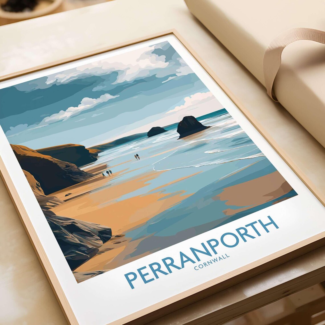 Perranporth Cornwall Beach Sea Stacks Painted Seaside Travel Poster