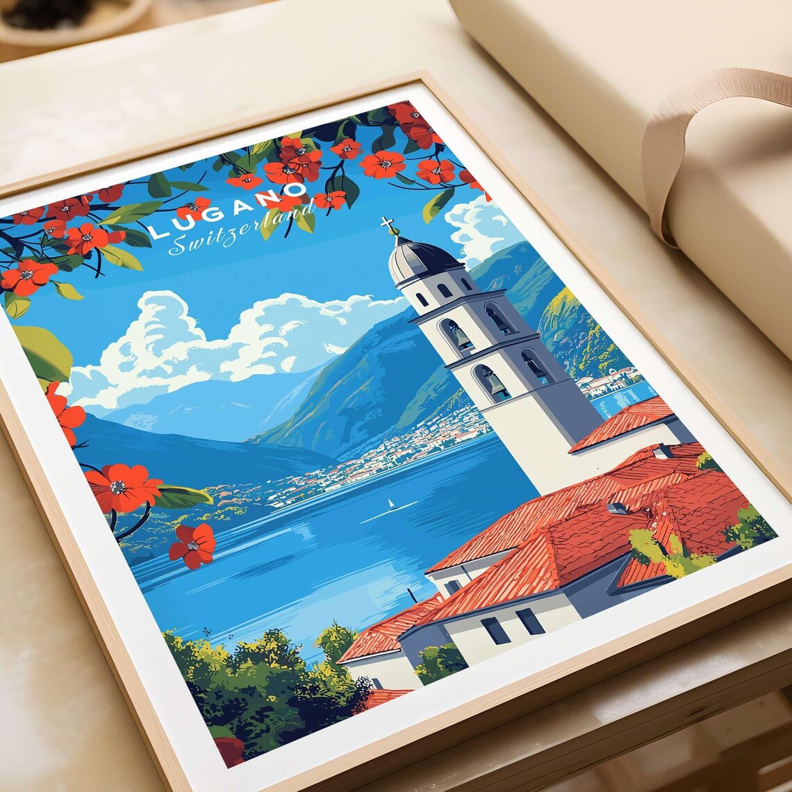 Lugano Switzerland Lakeside Church Tower Blooming Flowers Poster - Image 4