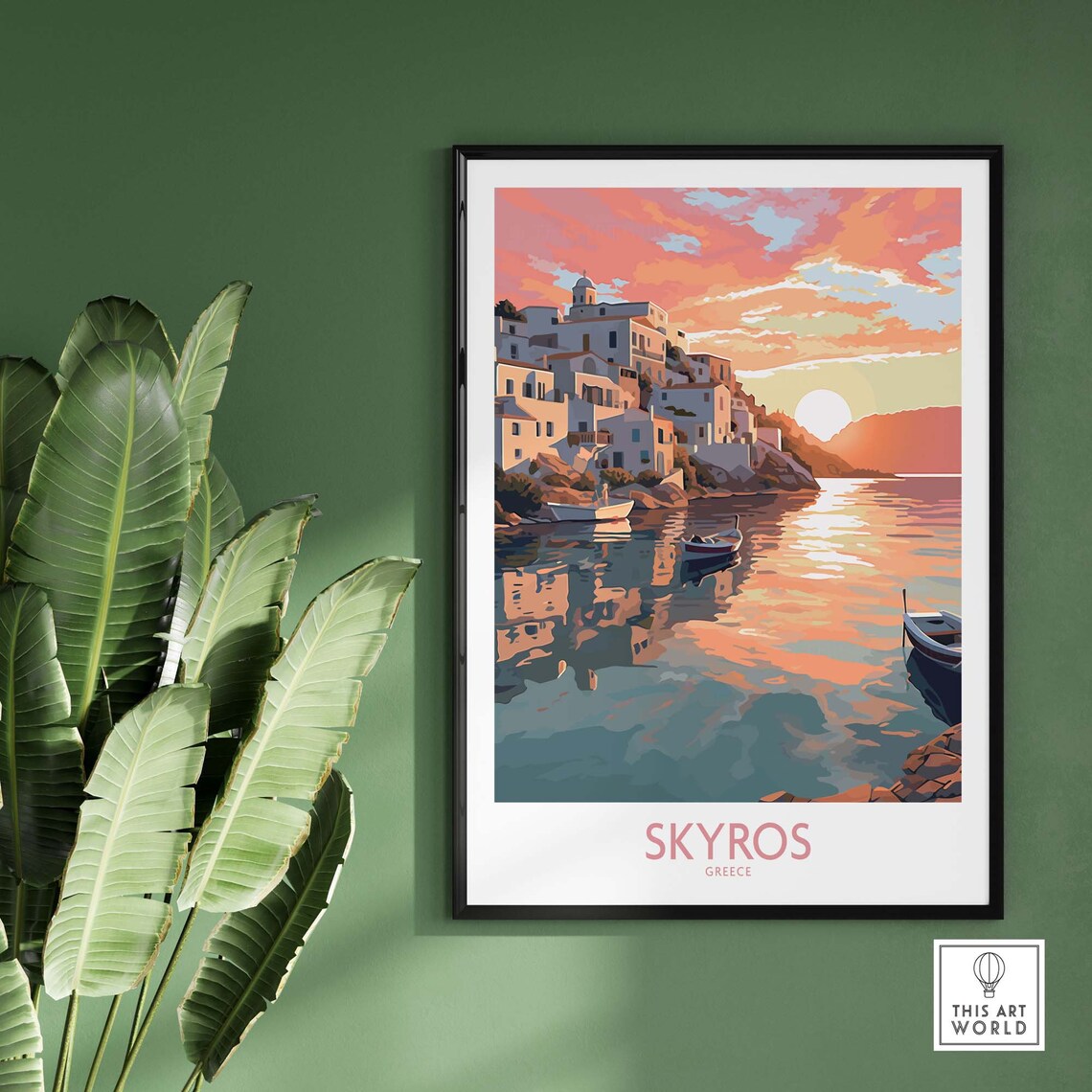 Skyros Greece Whitewashed Island Village Sunset Boats Sea Poster - Image 2