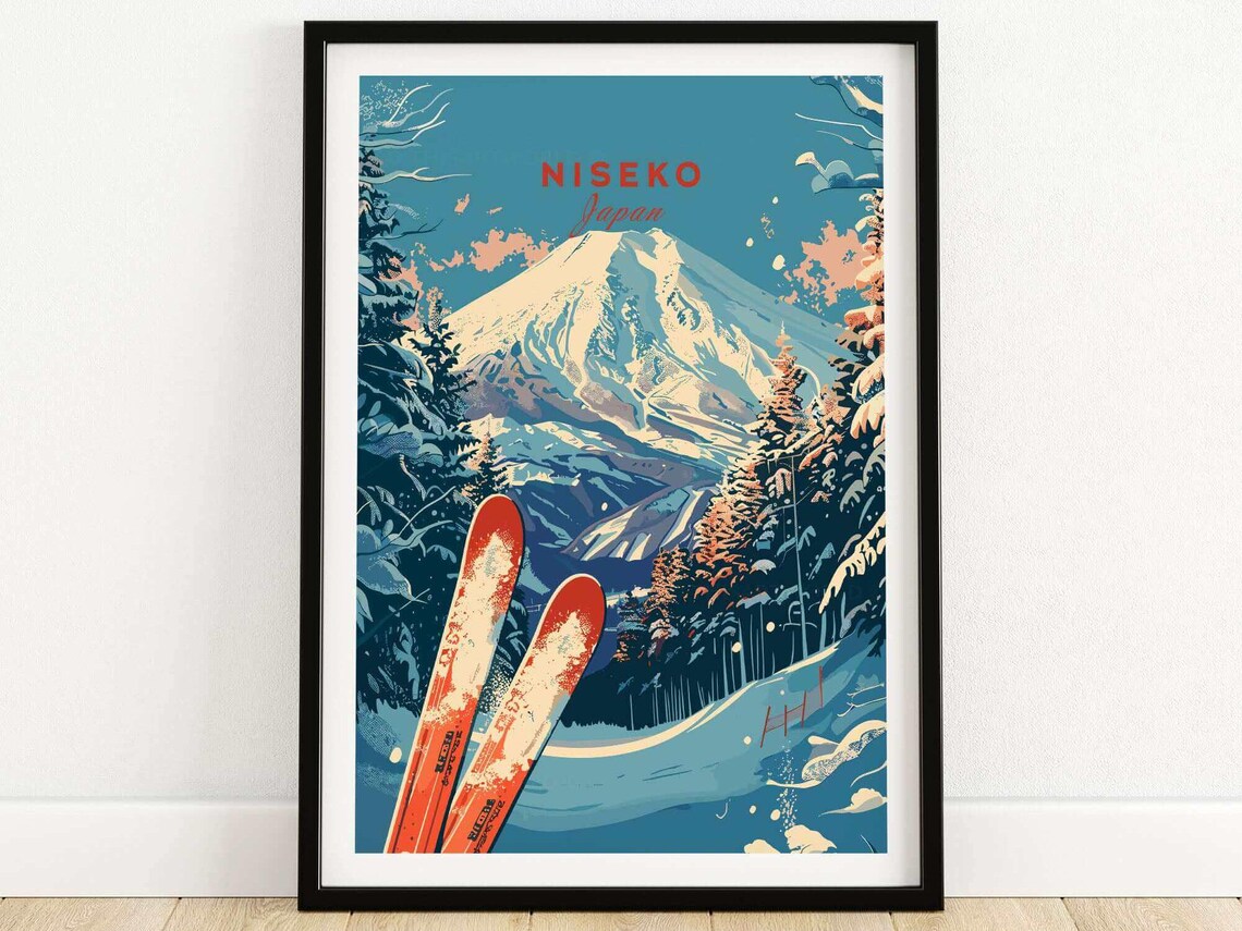 Niseko Japan Vintage Ski Poster With Red Skis and Snowy Mountain