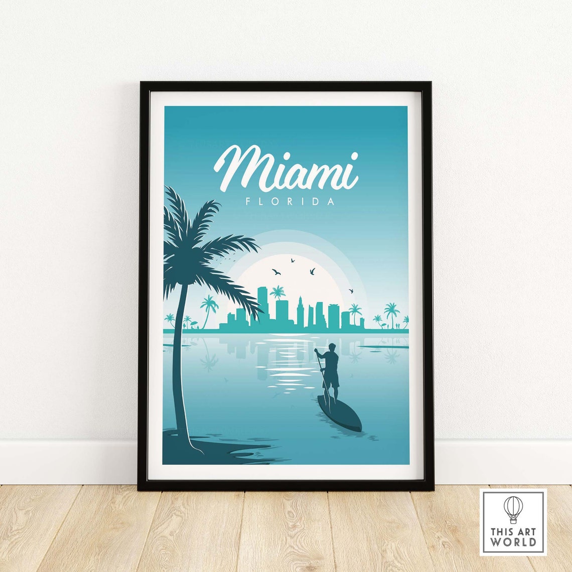 Miami Florida Paddleboarder Sunset Skyline Palm Scene Poster