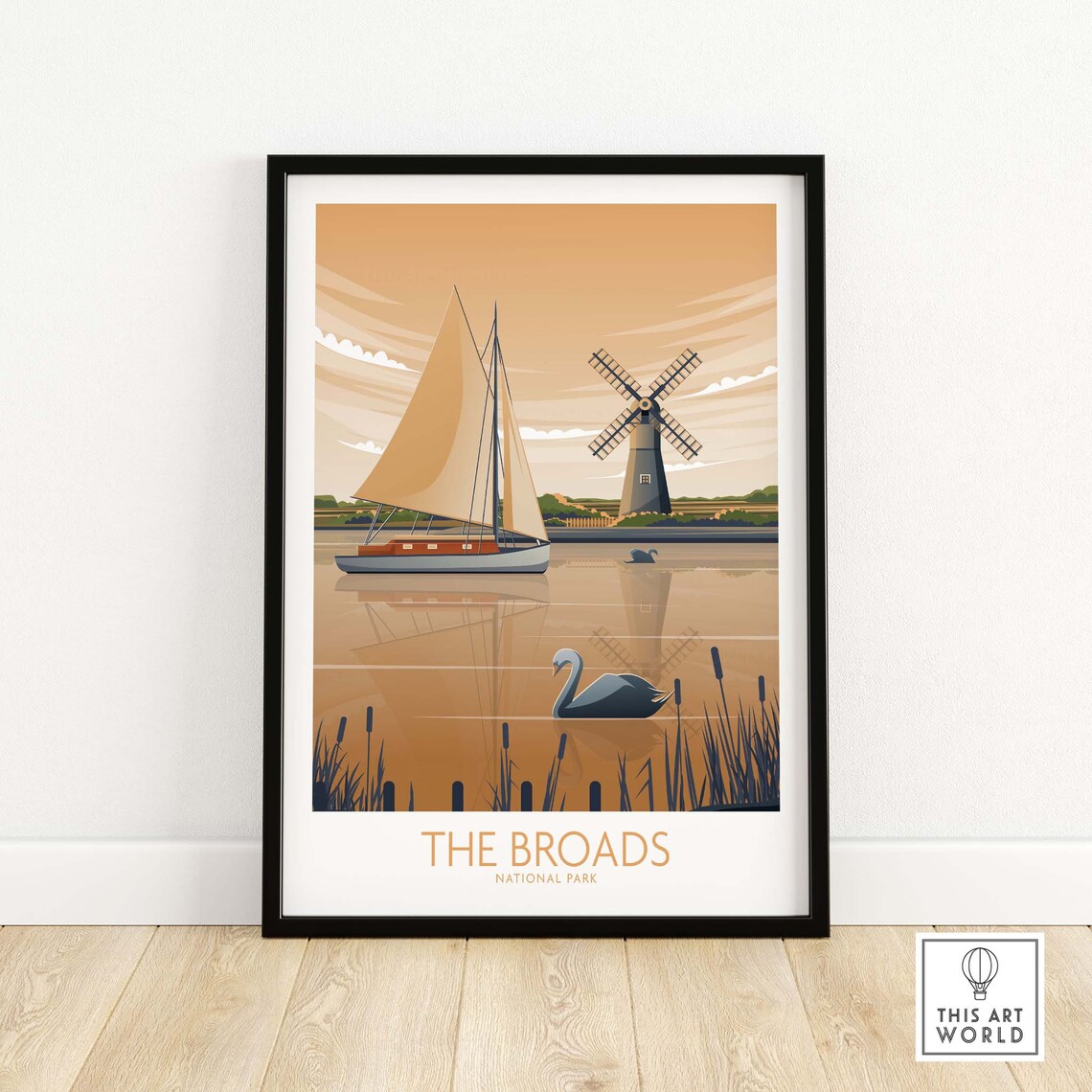 The Broads National Park Windmill Sailboat Swan Lake Travel Poster