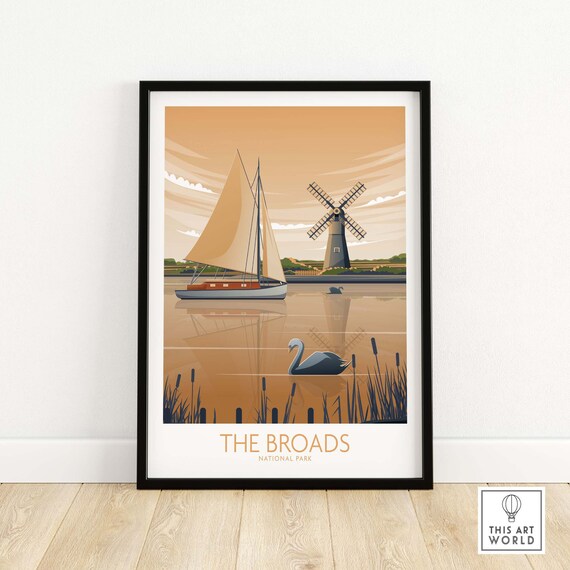 The Broads National Park Windmill Sailboat Swan Lake Travel Poster