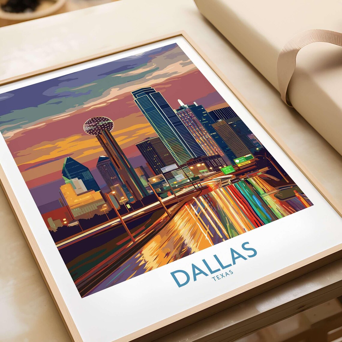 Dallas Texas Downtown Dusk Skyline Reunion Tower Highway Lights Poster