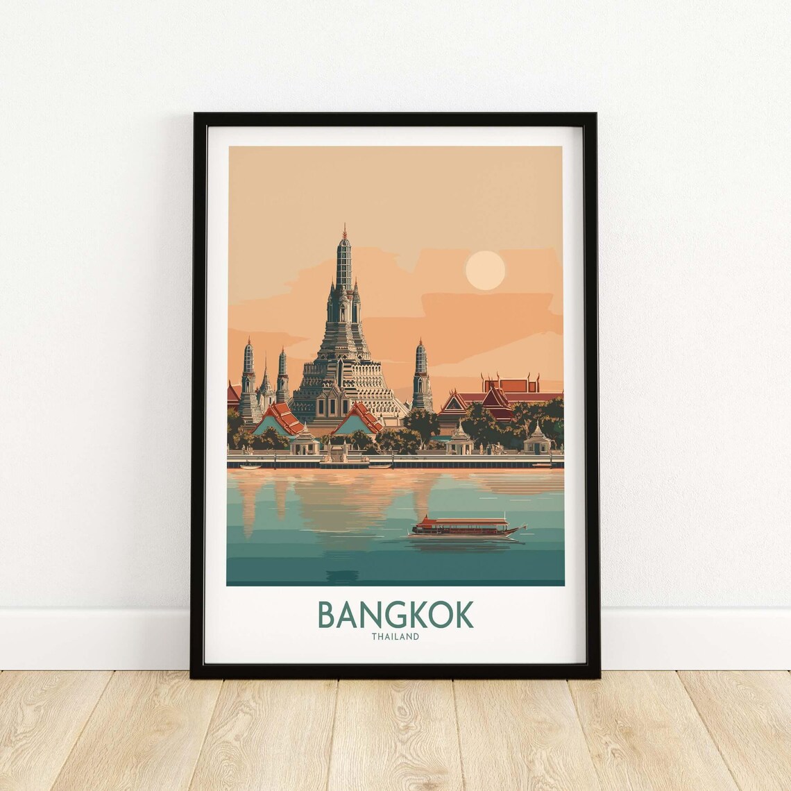 Bangkok Poster Temple Of Dawn Print Historic Thailand Landmark Wall Art Thai Travel Decor Vintage Style Cityscape Illustration