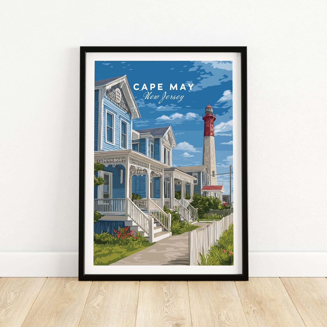 Cape May New Jersey Victorian Beach Houses and Lighthouse Travel Poster