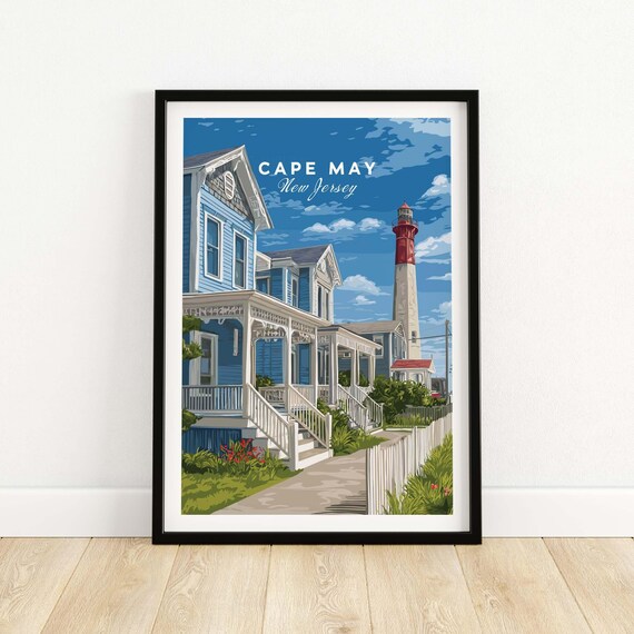 Cape May New Jersey Victorian Beach Houses and Lighthouse Travel Poster