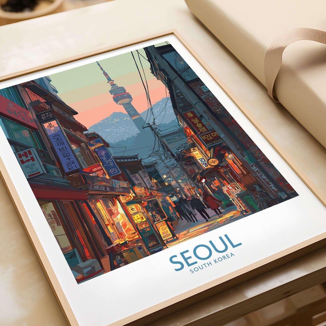 Seoul South Korea Nightlife Street Neon N Seoul Tower Travel Poster
