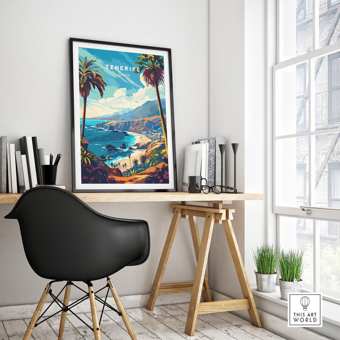 Ocean Tenerife Spain Cliff Cove Palm Trees Coastal Town Poster - Image 4