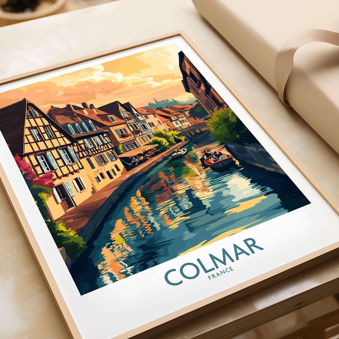 Colmar France Half Timbered Canal Houses Sunset Travel Poster