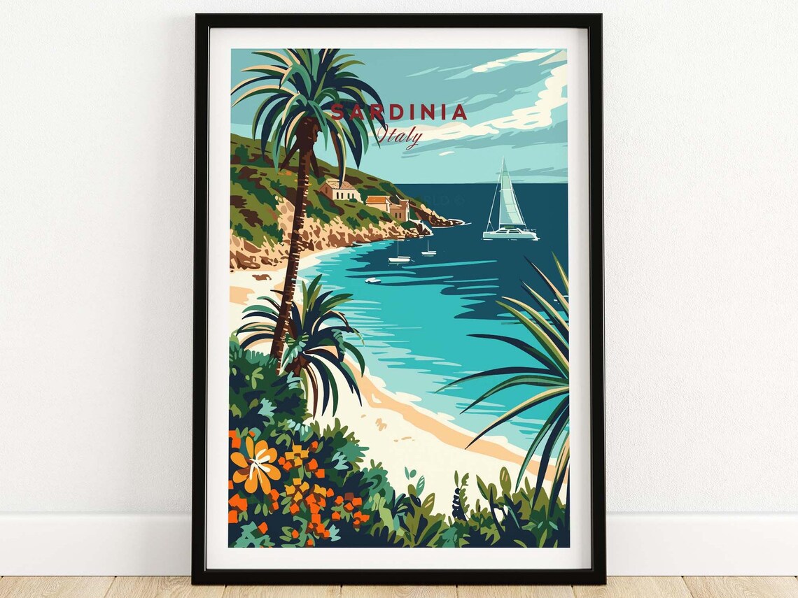 Sardinia Italy Tropical Cove Beach Palms Sailboats Art Poster