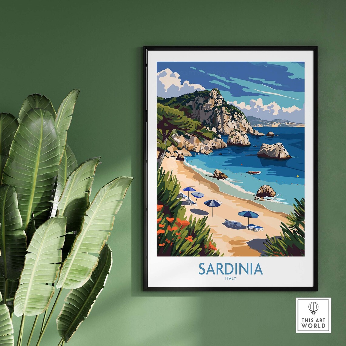 Sardinia Italy Sandy Beach Umbrellas Rocky Coves Kayak Poster - Image 2