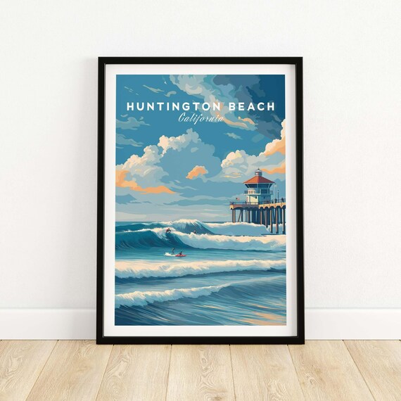 Huntington Beach Pier Surfers Waves California Travel Poster