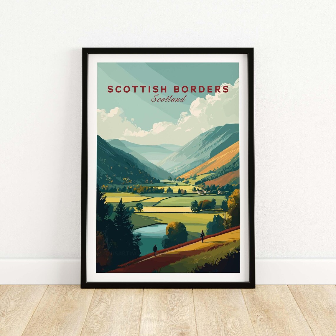 Scottish Borders Hikers Walking Wide Green Valley Retro Travel Poster