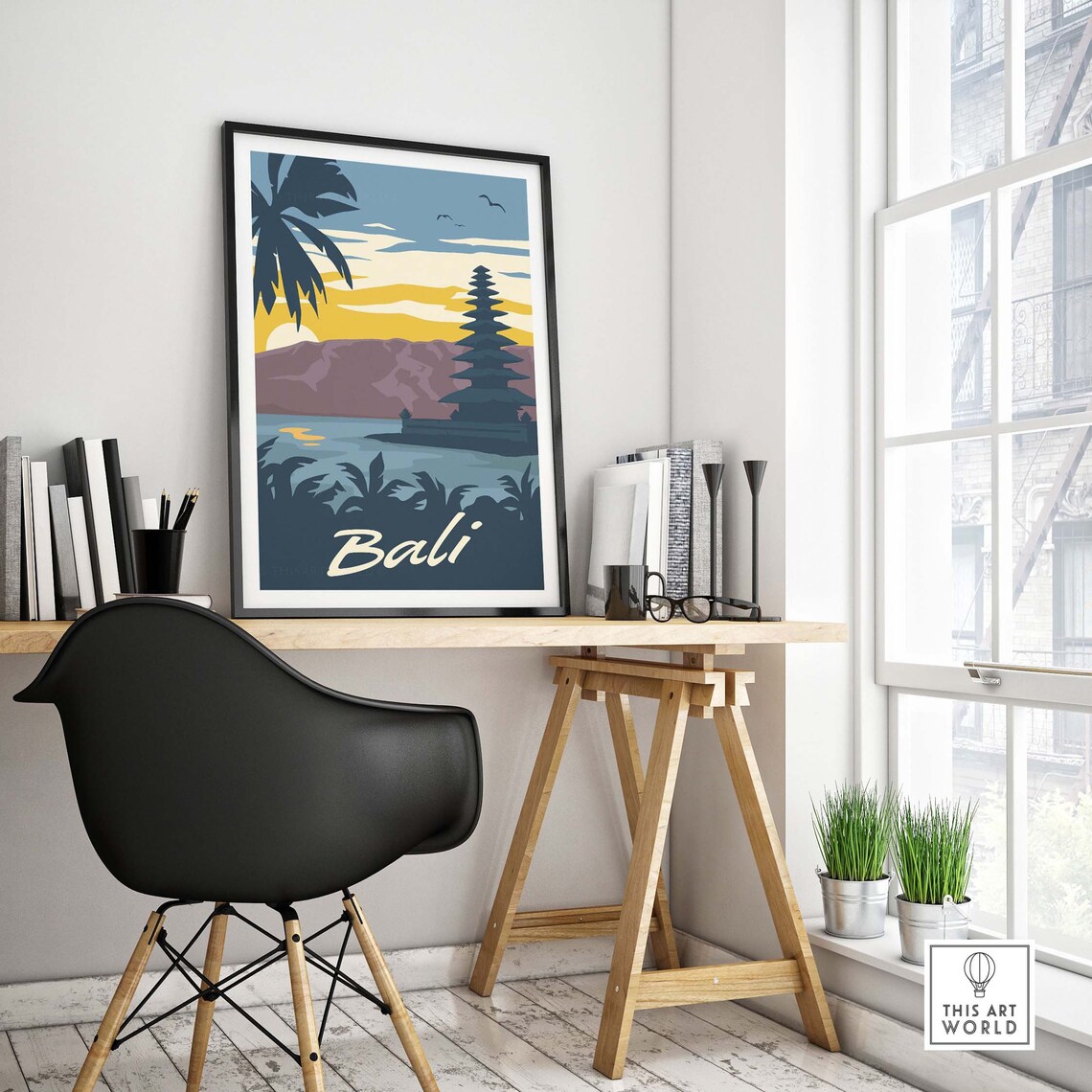 Bali Retro Sunset Lake Temple Silhouette Palm Fronds Travel Poster - Image 4