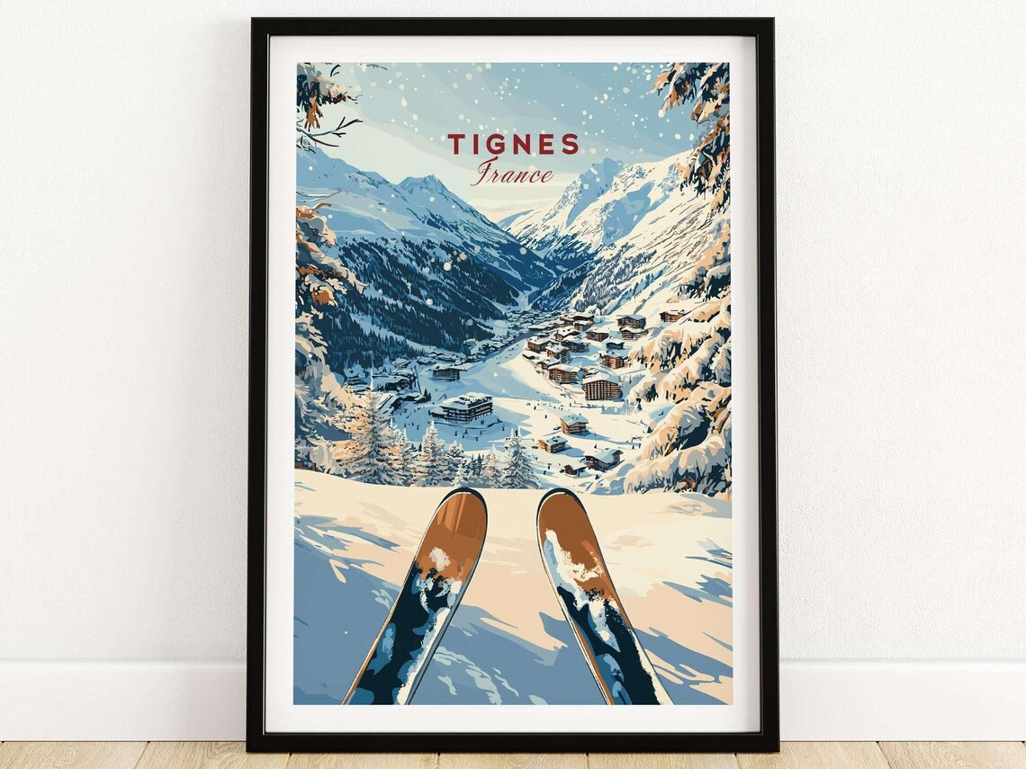 Tignes France Bright Day Ski Tips Over Valley Village Travel Poster