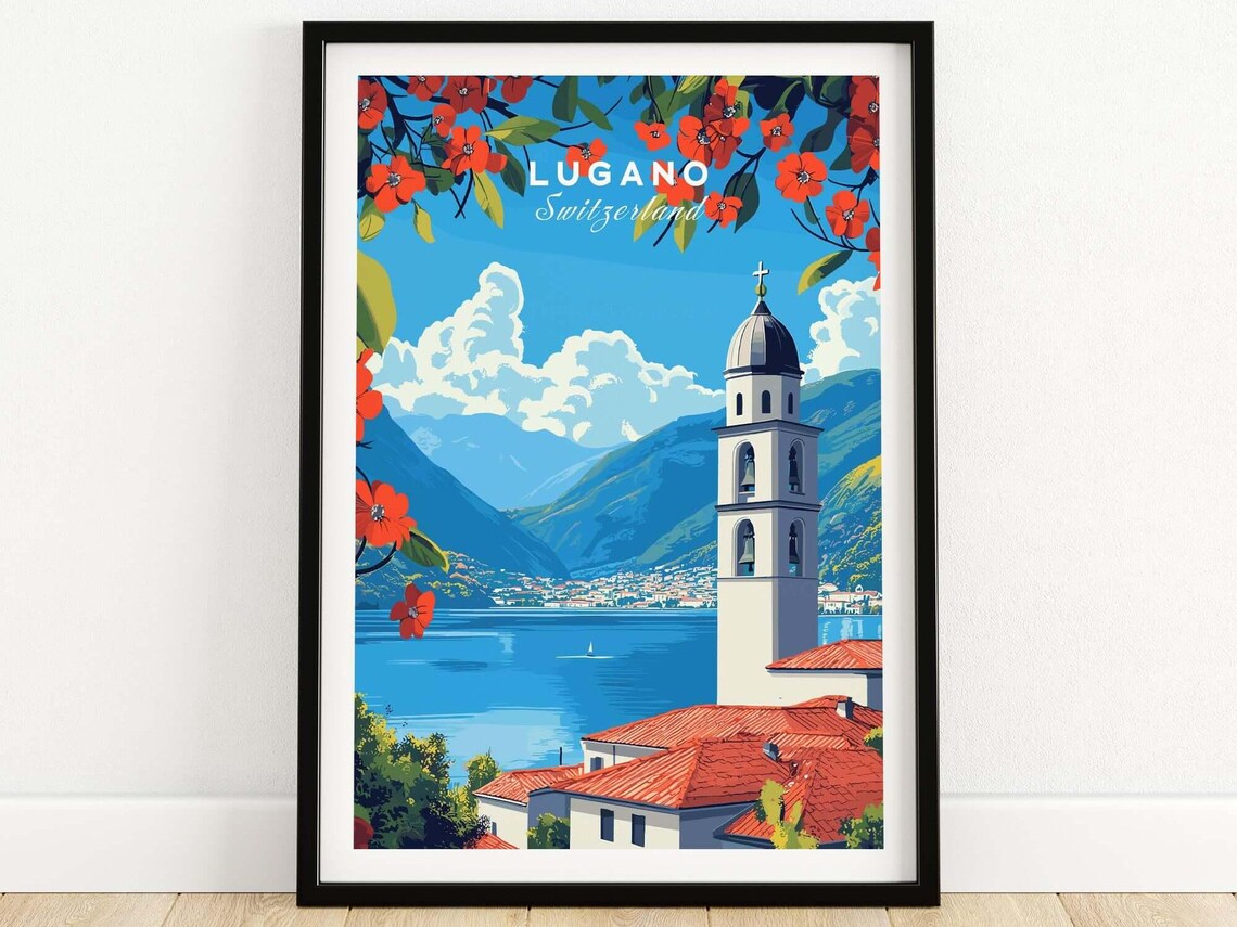 Lugano Switzerland Lakeside Church Tower Blooming Flowers Poster