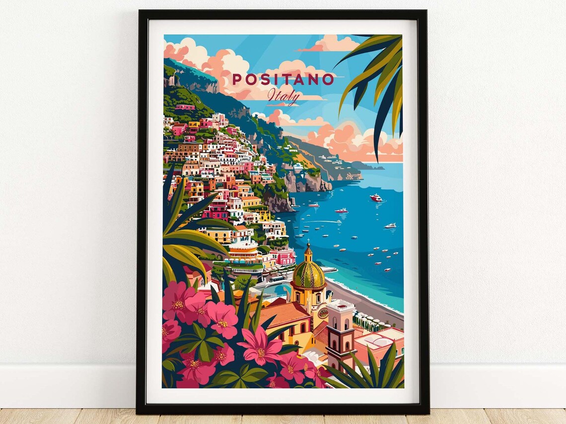 Positano Italy Amalfi Coast Cliff Town Pink Flower Seaside View Poster