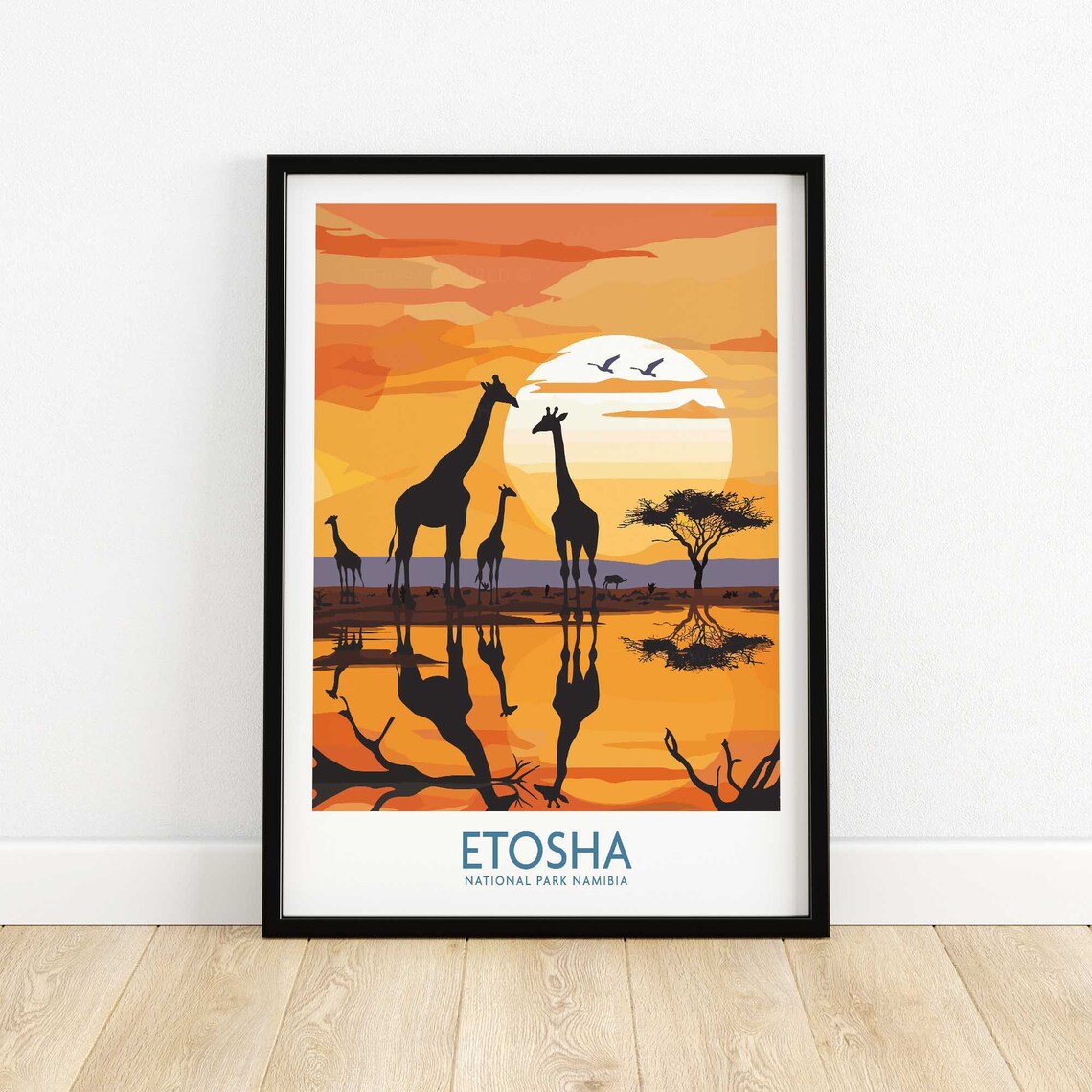 Etosha Namibia Giraffe Herd Waterhole Sunset Safari Art Poster - Image 4