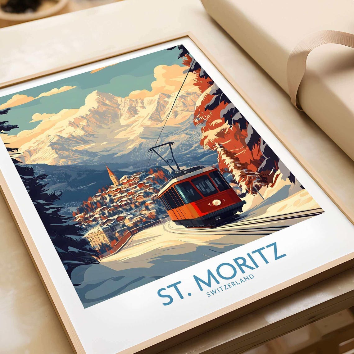 St Moritz Ski Art Print, Ski Lodge Decor