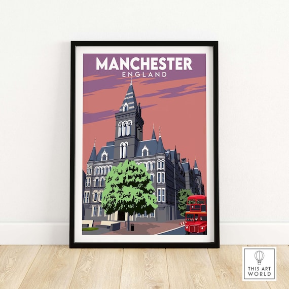 Manchester England City Vintage Town Hall Red Bus Travel Poster
