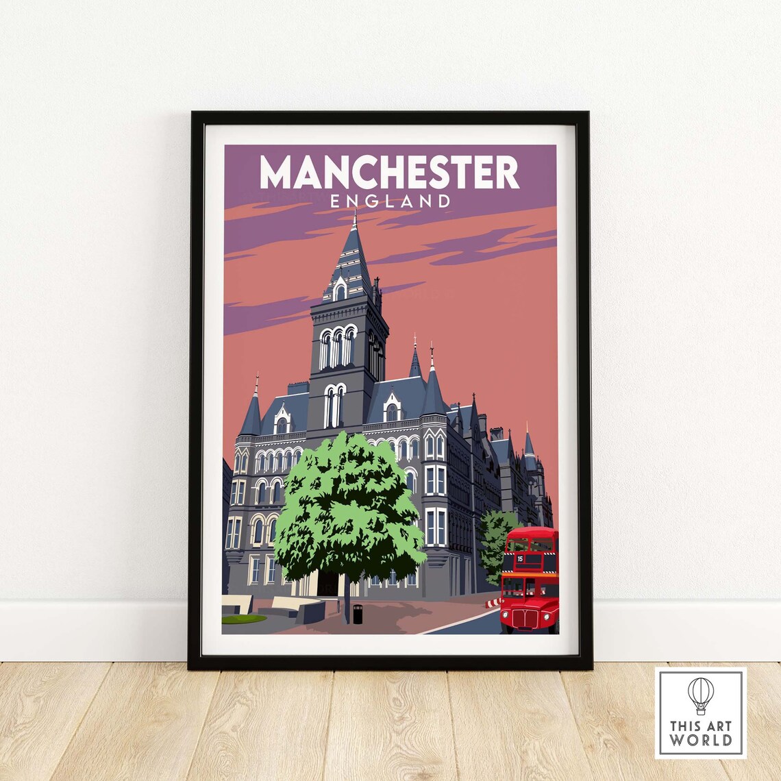 Manchester England City Vintage Town Hall Red Bus Travel Poster
