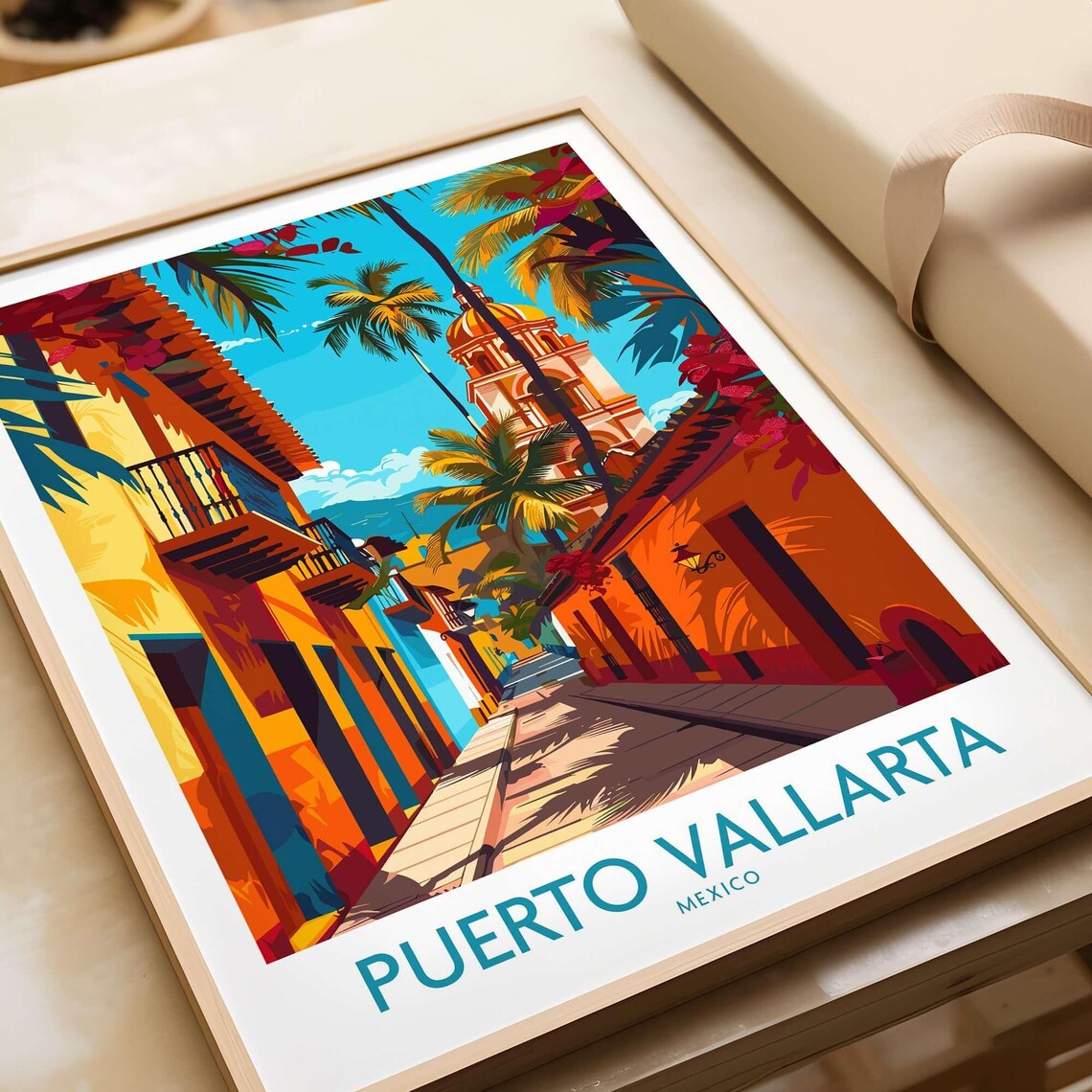 Puerto Vallarta Mexico Colorful Old Street Palms Travel Poster