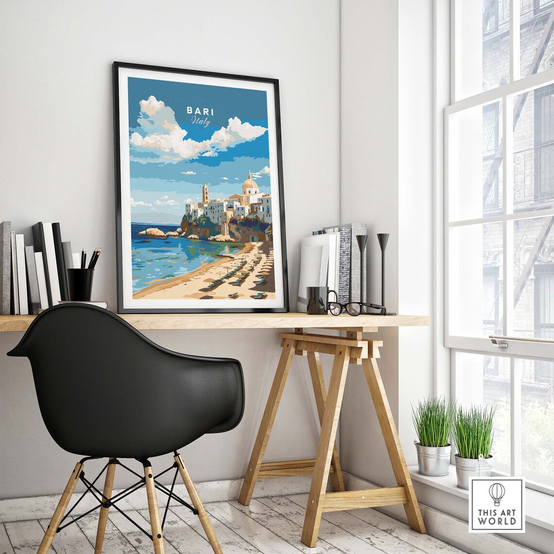 Bari Italy Sandy Beach Old Town Cliff Sun Umbrellas Sea Poster - Image 4
