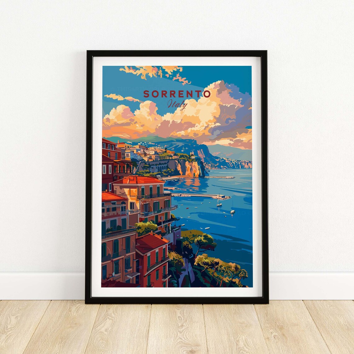 Sorrento Italy Cliffside Coast Sunset Amalfi Bay Travel Poster