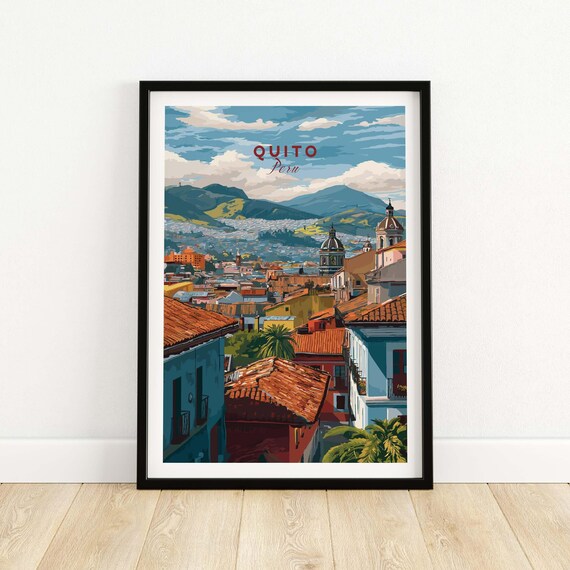 Quito Rooftop View Red Roofs Andes Hills Colorful Travel Poster