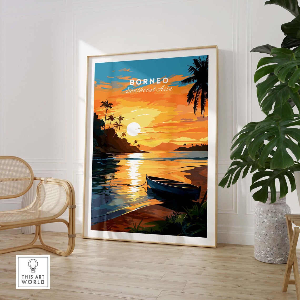 Tropical Borneo Southeast Asia Sunset Beach Boat Palm Coast Poster - Image 3
