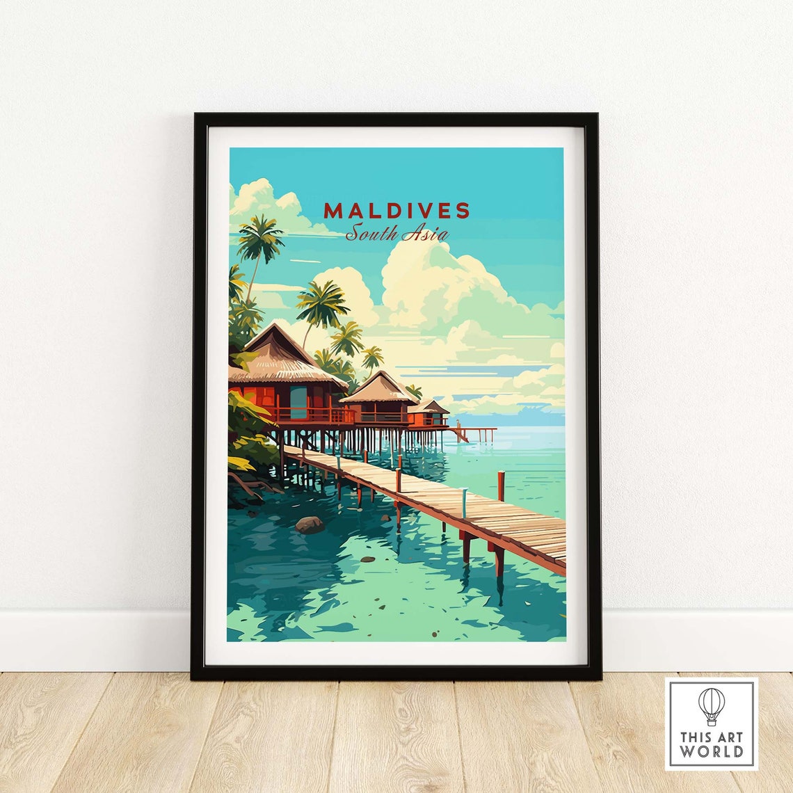Maldives South Asia Overwater Bungalows Palm Tree Ocean Poster - Image 4