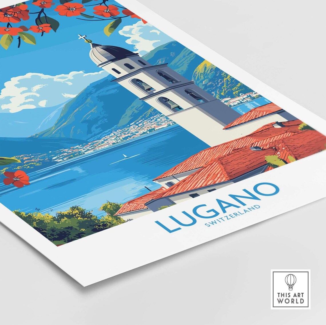 Lugano Switzerland Lake Church Tower Red Blossoms Travel Poster - Image 4