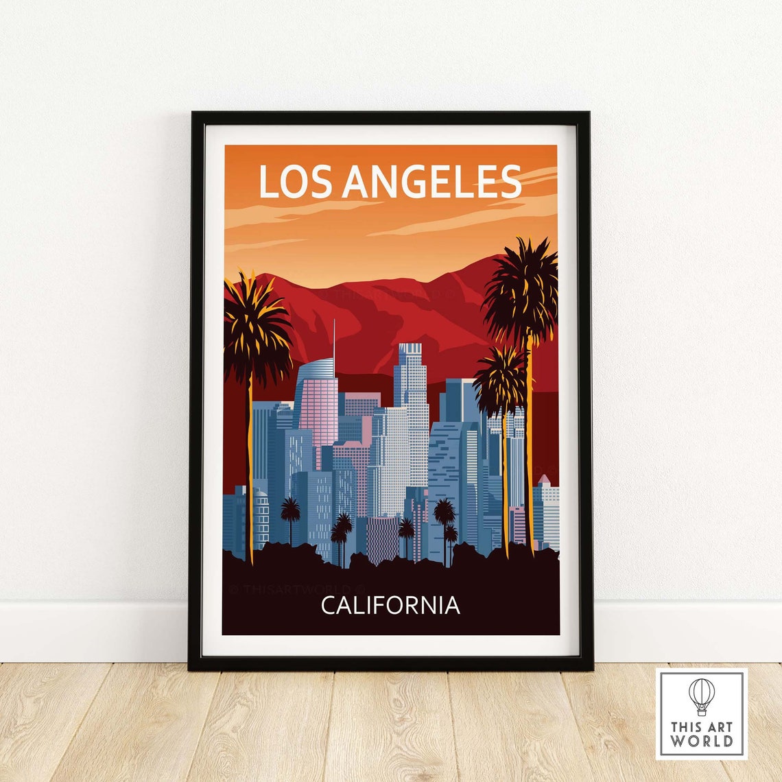 Los Angeles Sunset Skyline Retro Travel Poster With Palm Trees