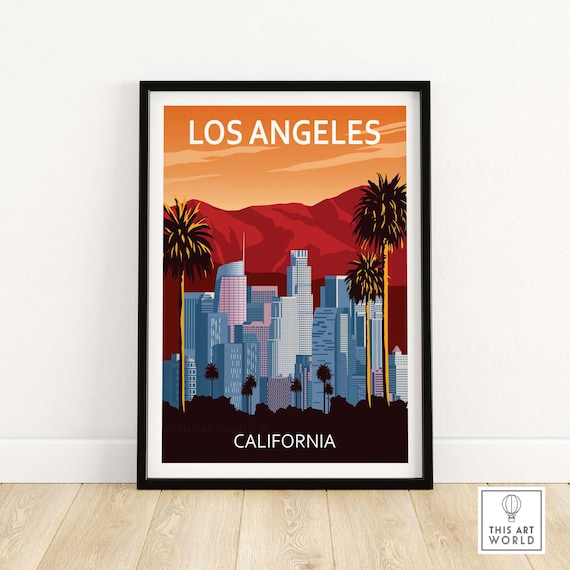 Los Angeles Sunset Skyline Retro Travel Poster With Palm Trees