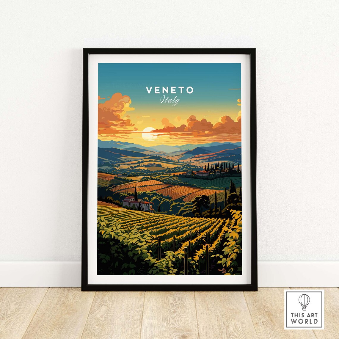Veneto Italy Rolling Hills Vineyard Sunset Travel Art Poster