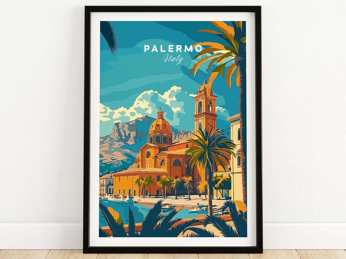 Palermo Sicily Cathedral Palm Trees Mountain Backdrop View Poster