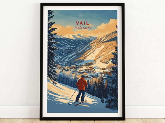 Vail Colorado Golden Hour Skier Overlooking Village Ski Travel Poster