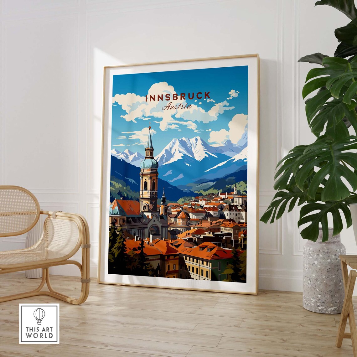 Innsbruck Austria Church Tower Snow Capped Alps Skyline Travel Poster - Image 2
