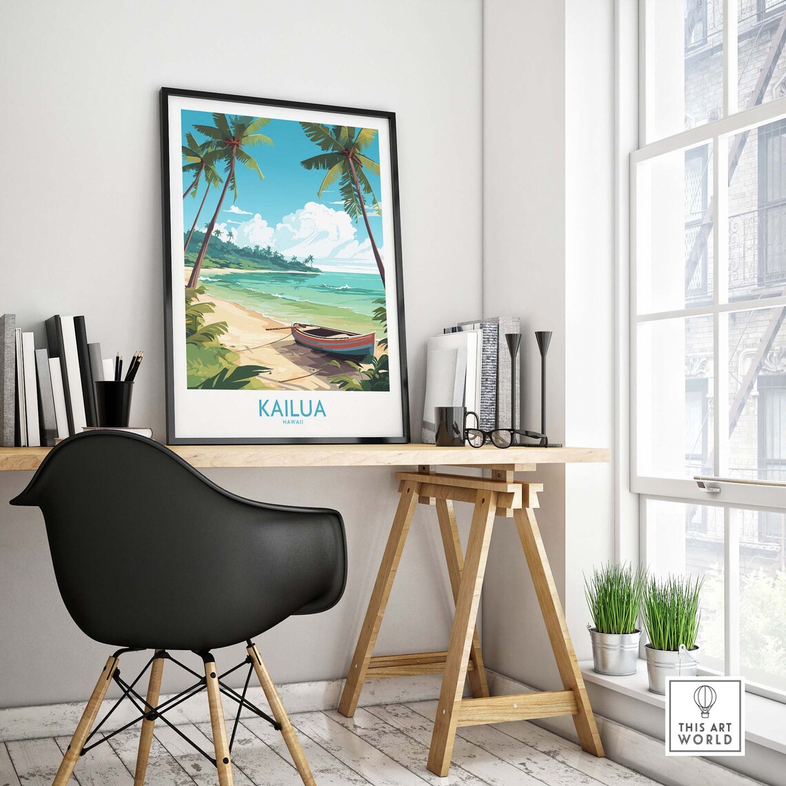 Kailua Hawaii Palm Beach Outrigger Canoe Tropical Travel Poster - Image 4