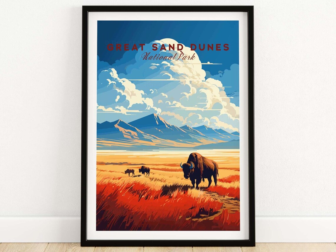 Great Sand Dunes National Park Bison Herd Vintage Travel Poster