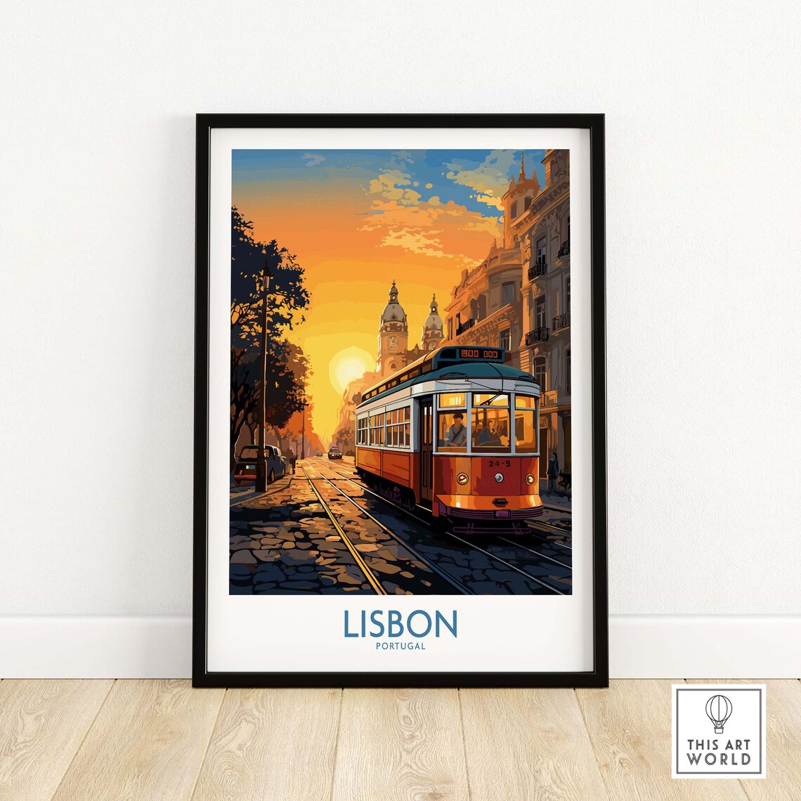 Lisbon Portugal Tram Sunset Cobblestone Street Vintage Travel Poster