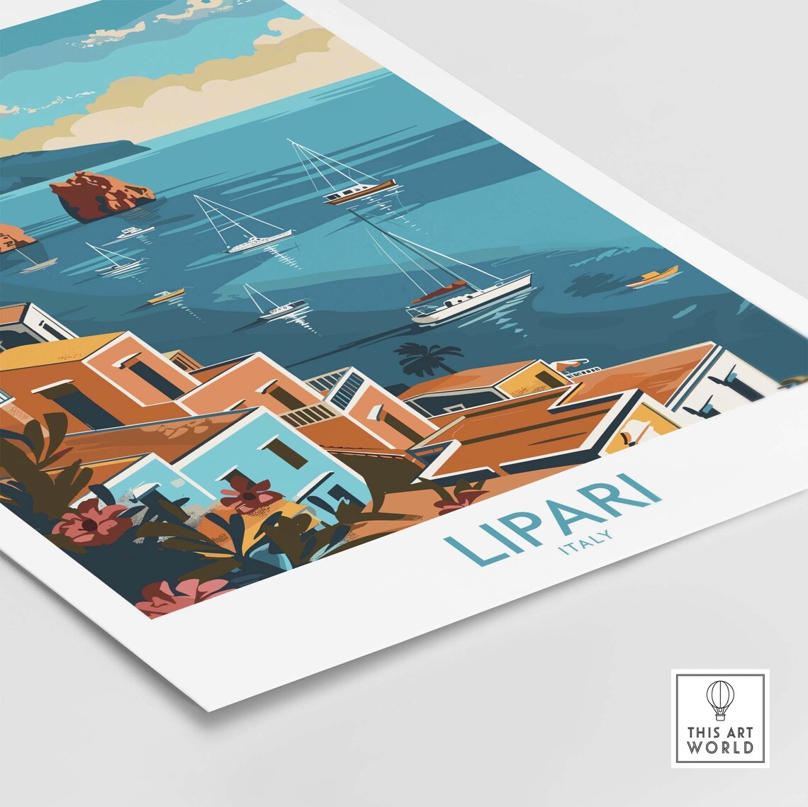 Lipari Italy Hillside Town Overlooking Sailboat Bay Vista Poster - Image 4