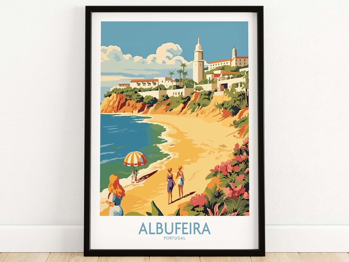 Albufeira Portugal Golden Beach Cliff Town Vintage Travel Poster