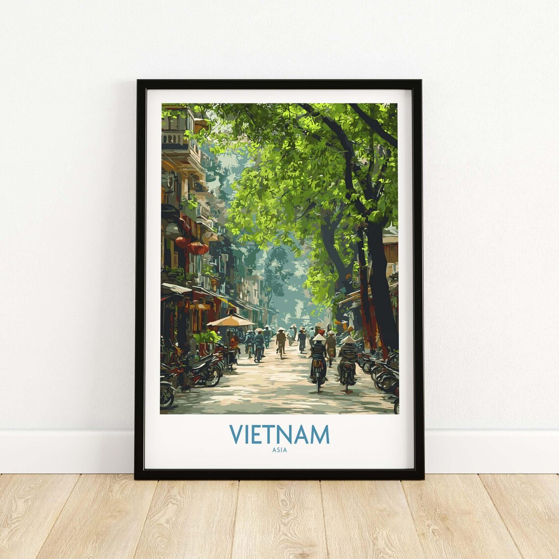 Hanoi Old Street Vintage Travel Poster Vietnam Asia Motorbike Scene