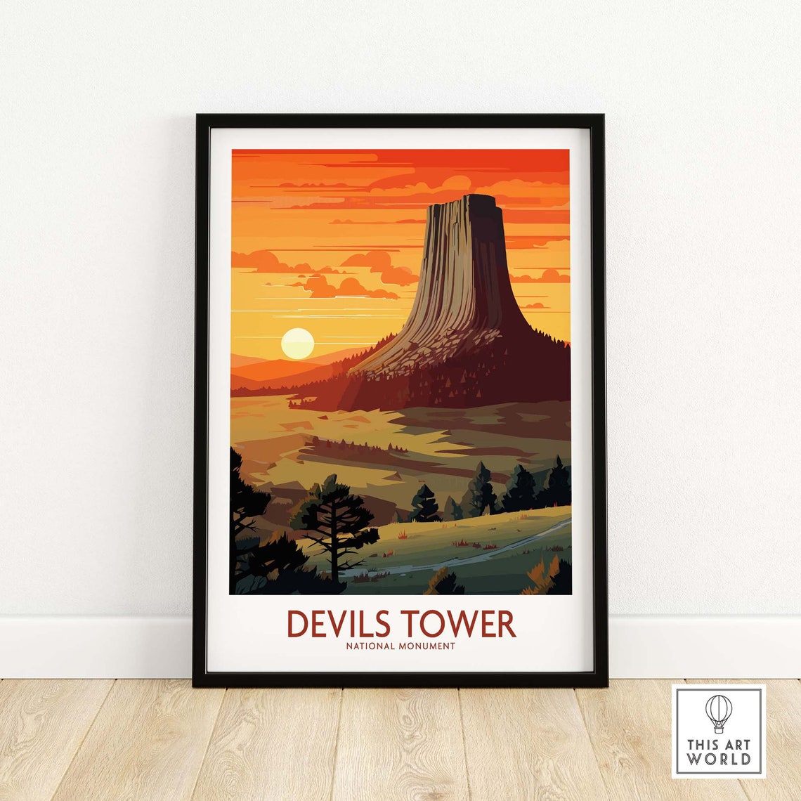 Devils Tower National Monument Wyoming Sunset Orange Sky Poster - Image 2
