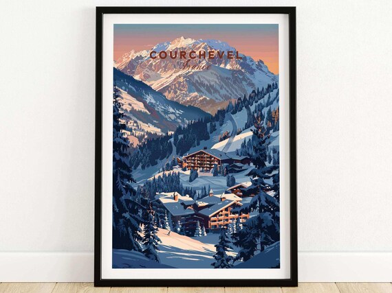 Courchevel France Alpine Village Poster Chalets at Sunset Mountain View