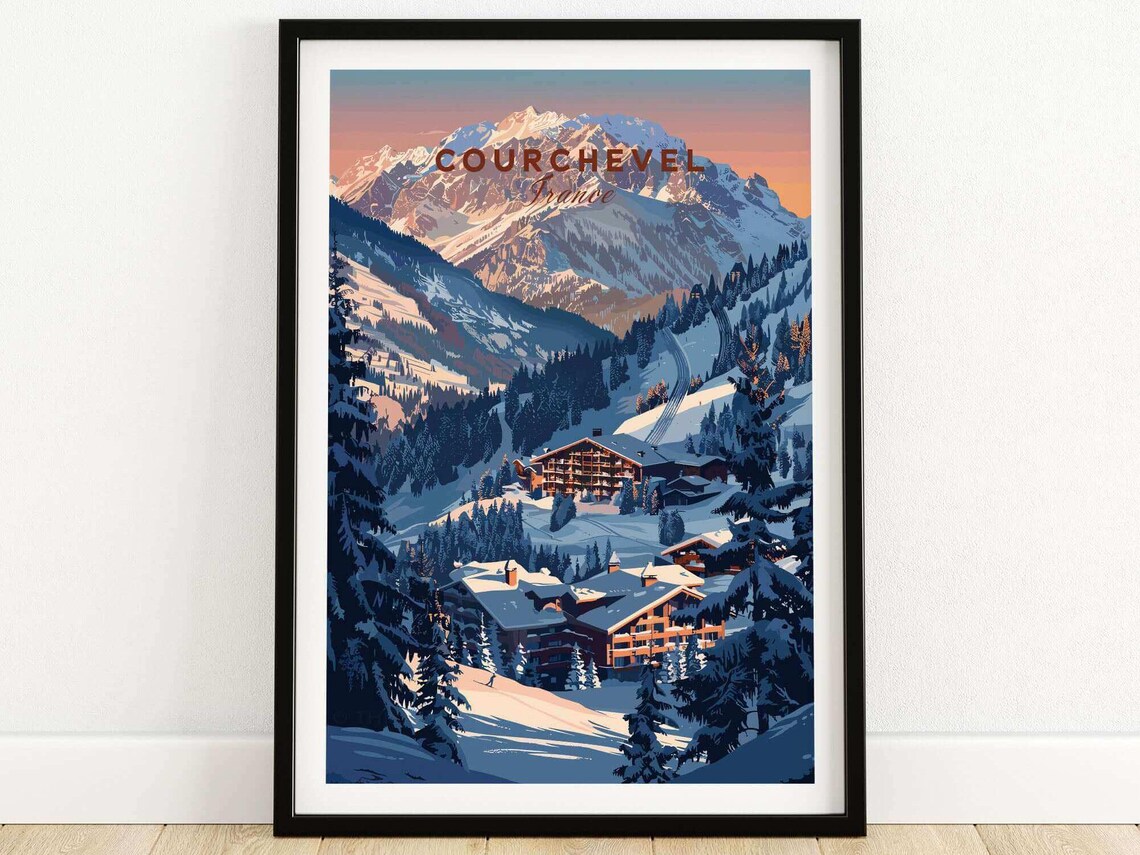 Courchevel France Alpine Village Poster Chalets at Sunset Mountain View