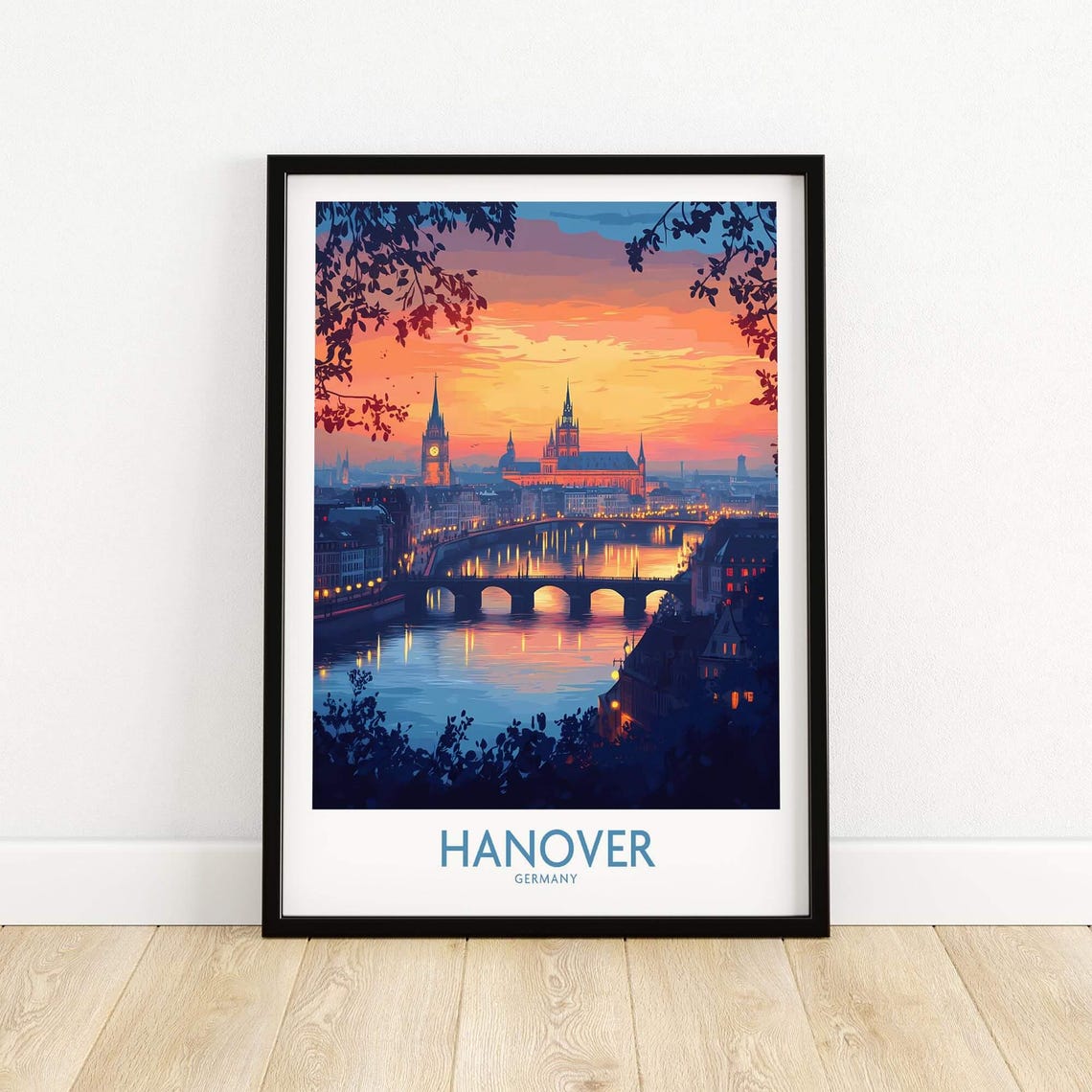 Hanover Germany Dusk River Bridge Skyline Lights Travel Poster